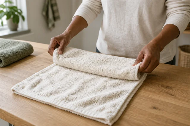Hands folding a cream towel on an oak table.