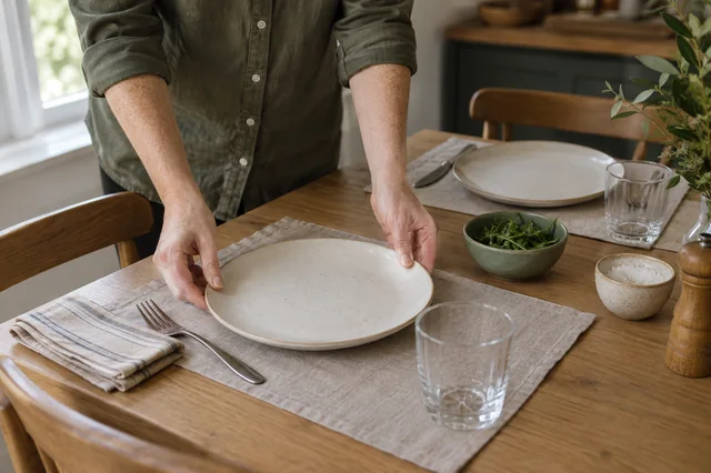 Hands placing a ceramic plate on a home dining table.