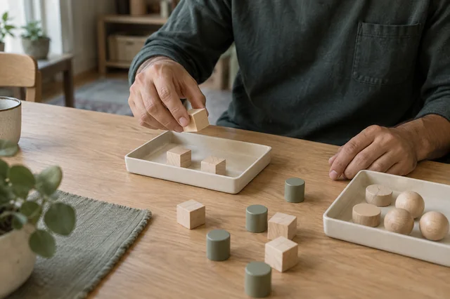 Hands sorting small wooden pieces into shallow trays.